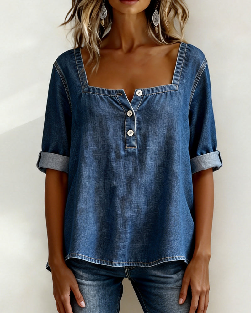 Avélia™ | Camisa denim cuello cuadrado