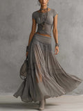 Alba™ | Conjunto gris con top de encaje y falda larga plisada