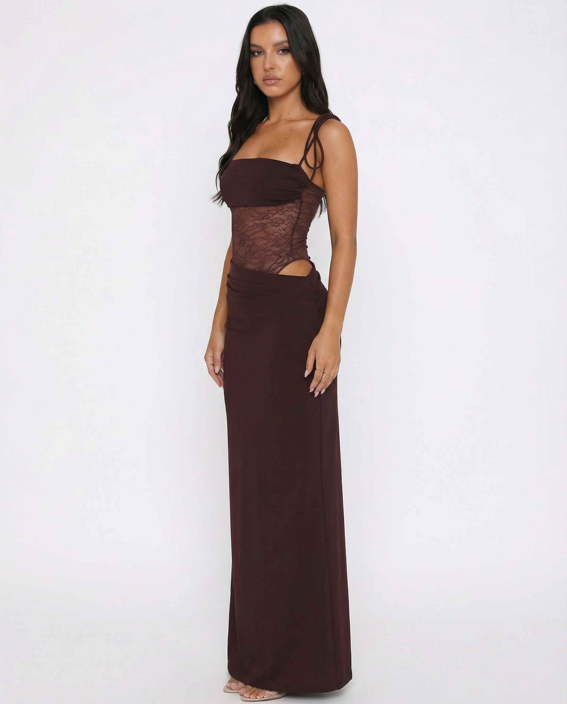 Vestido Maxi con Panel de Encaje y Corset