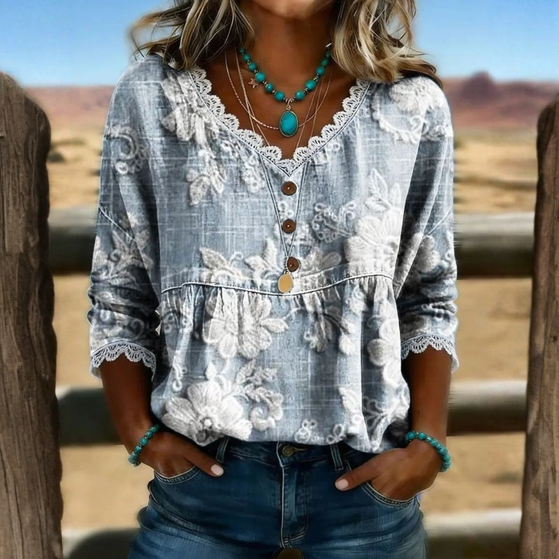 Blusa Vintage con Estampado Floral y Botones