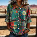 Camisa Vintage Floral con Botones y Manga Tres Cuartos
