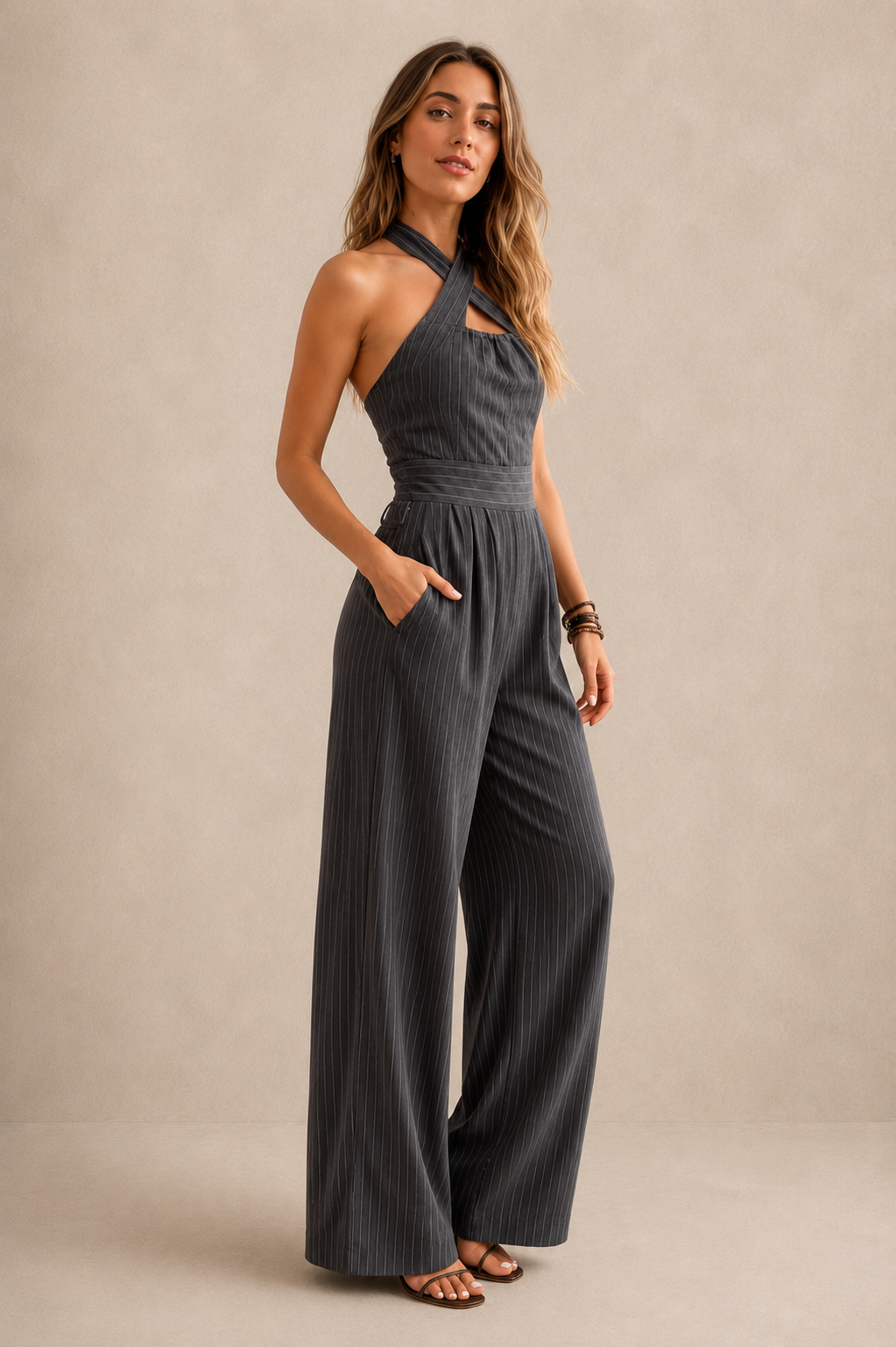 Bianca — Mono de lino y algodón con escote cruzado elegante