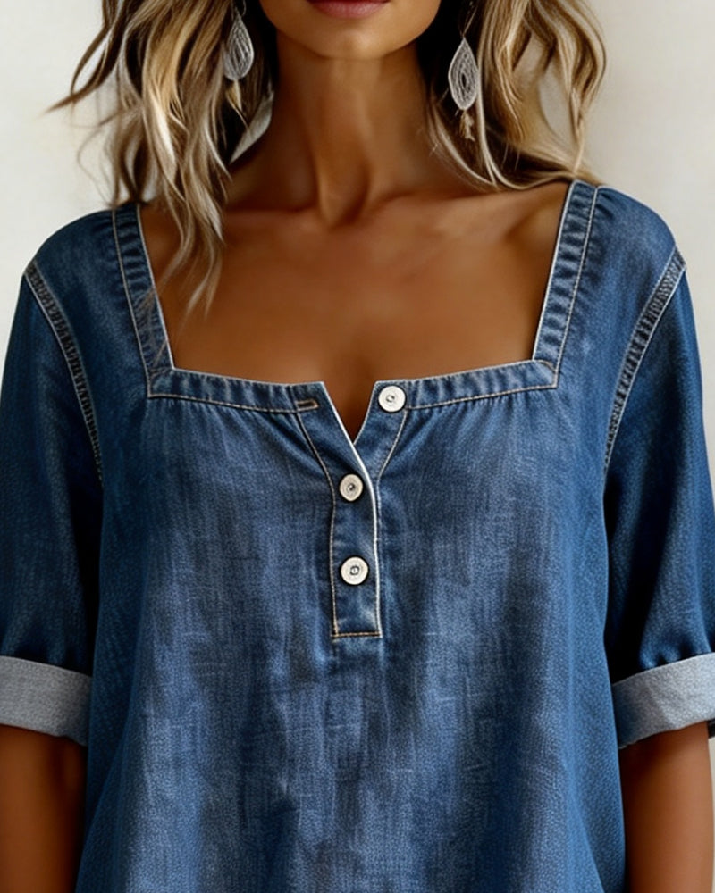 Avélia™ | Camisa denim cuello cuadrado