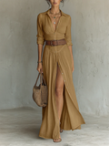 Vestido largo de mujer con cuello de solapa y mangas largas en lino