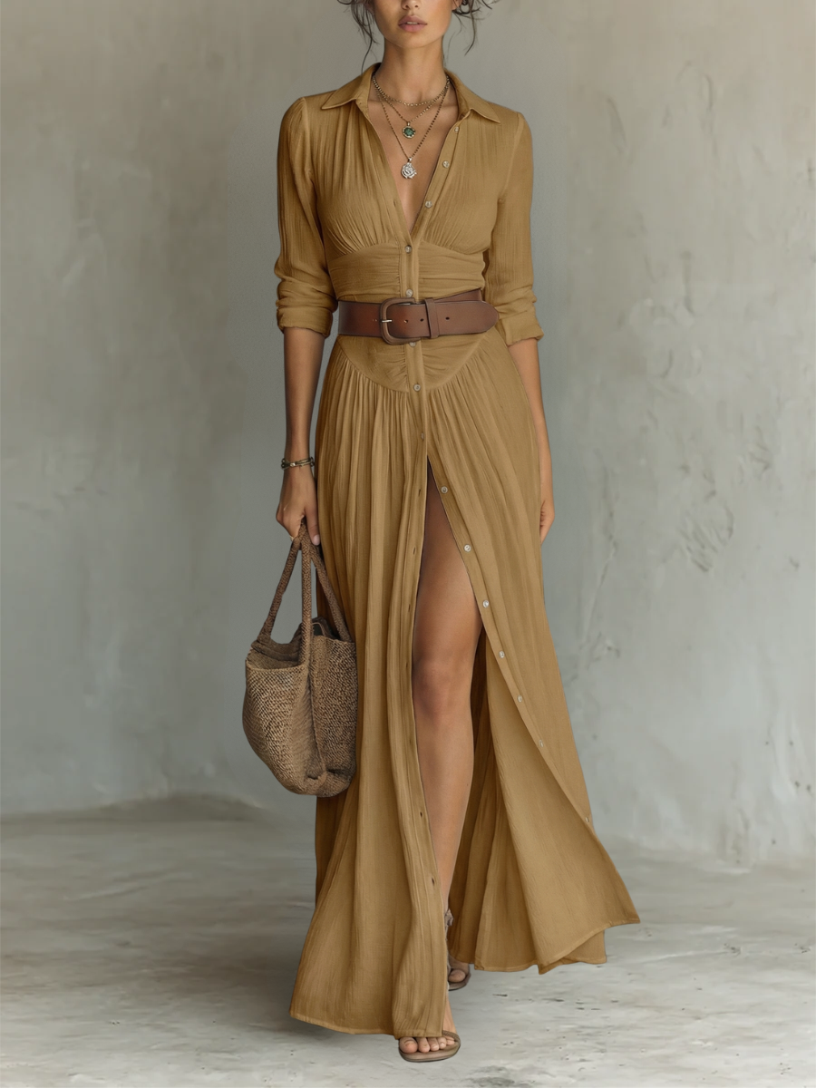 Vestido largo de mujer con cuello de solapa y mangas largas en lino