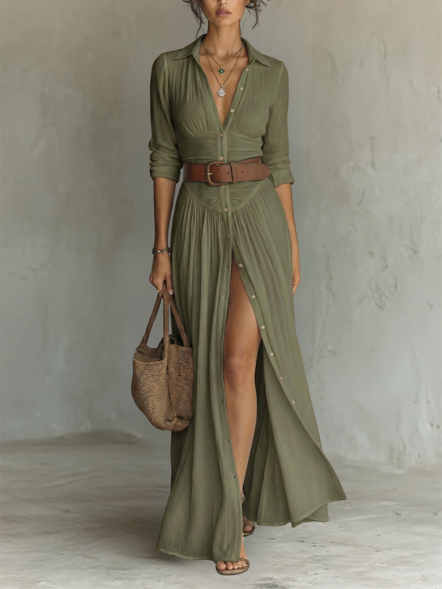 Vestido Maxi Largo con Cuello Solapa y Mangas Largas en Lino para Mujer