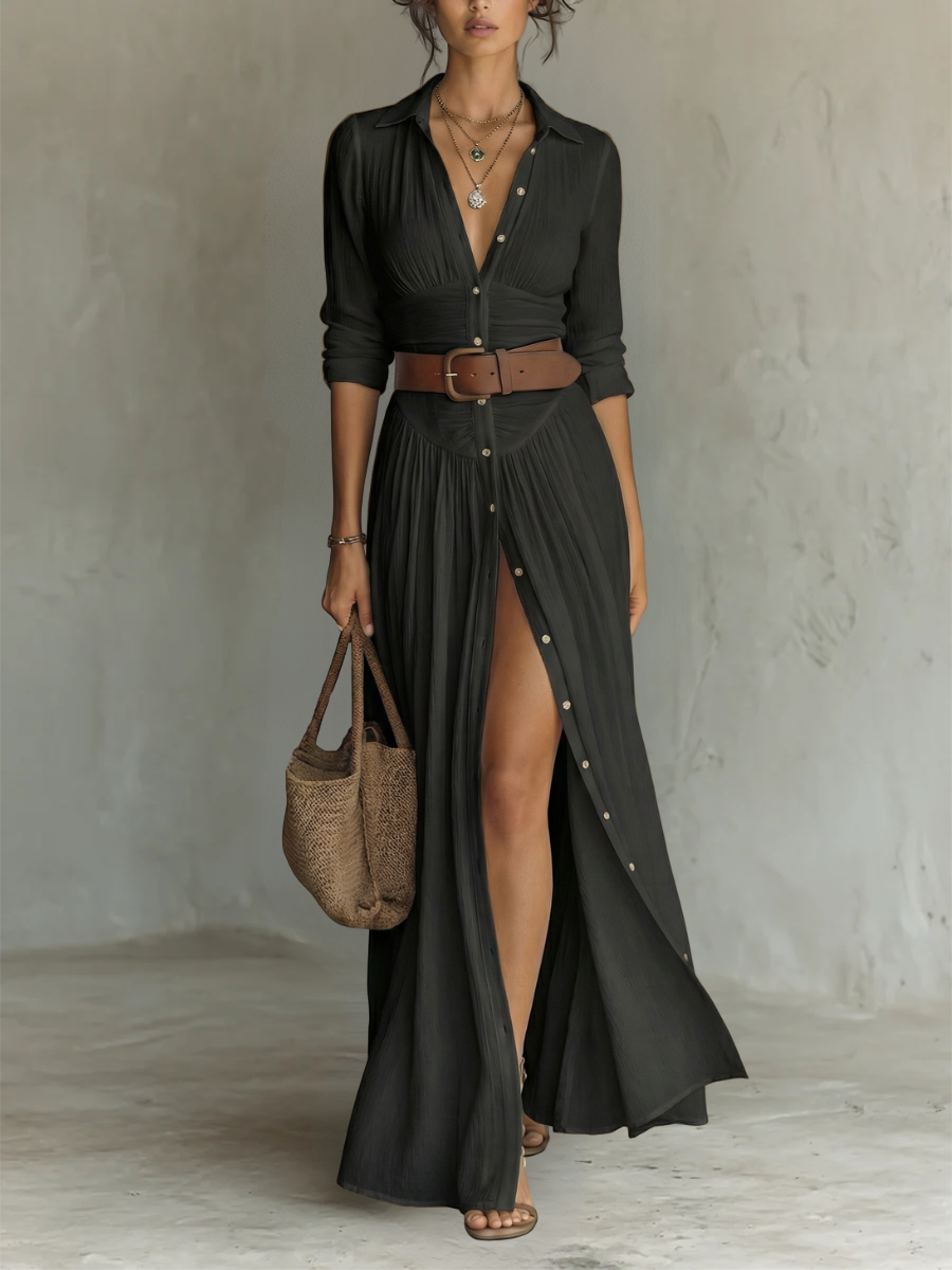 Vestido Maxi Largo con Cuello Solapa y Mangas Largas en Lino para Mujer
