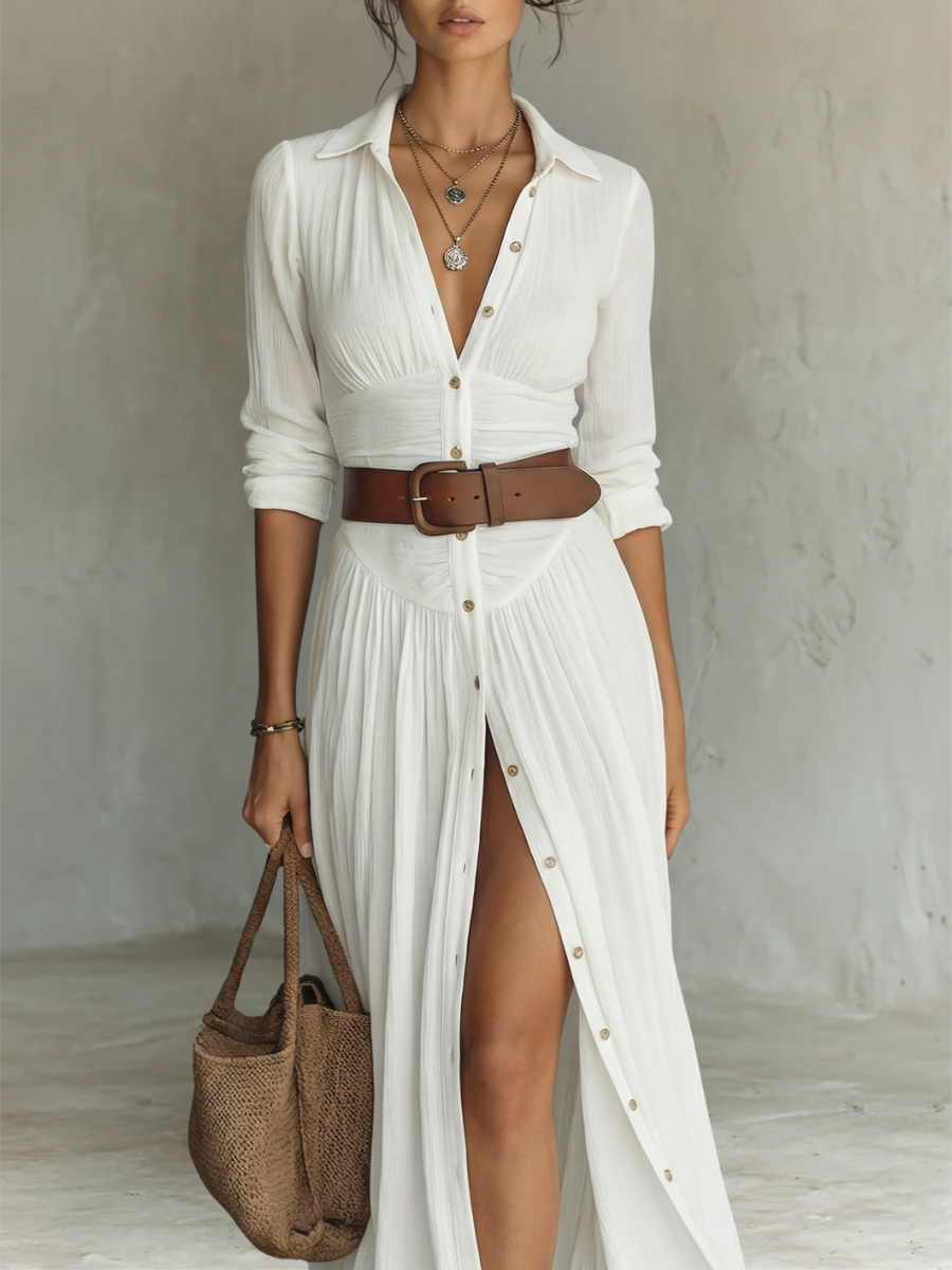 Vestido Maxi Largo con Cuello Solapa y Mangas Largas en Lino para Mujer