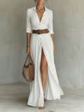 Vestido Maxi Largo con Cuello Solapa y Mangas Largas en Lino para Mujer