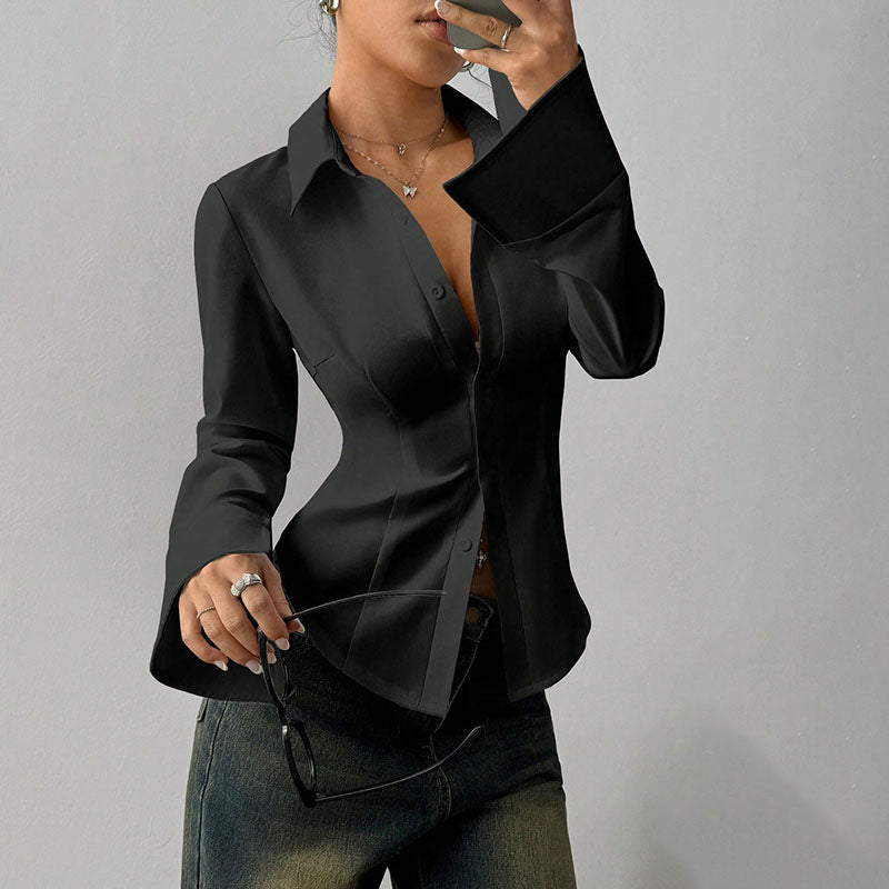 Slim-fit V-neck waist-cinching long-sleeved shirt