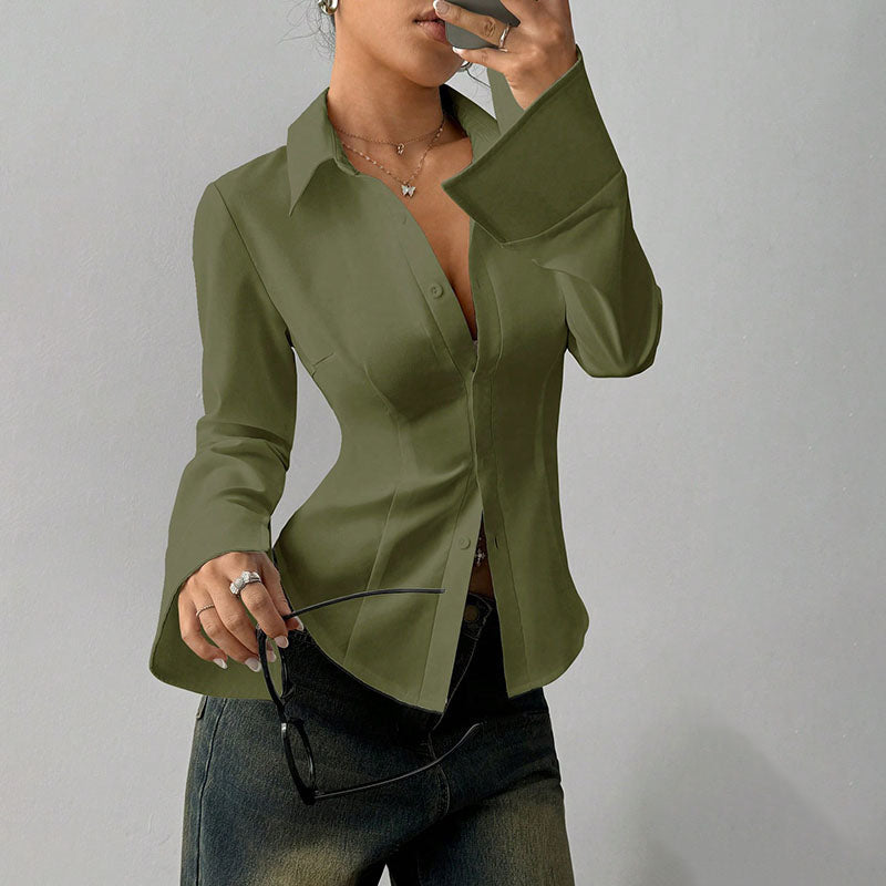 Slim-fit V-neck waist-cinching long-sleeved shirt