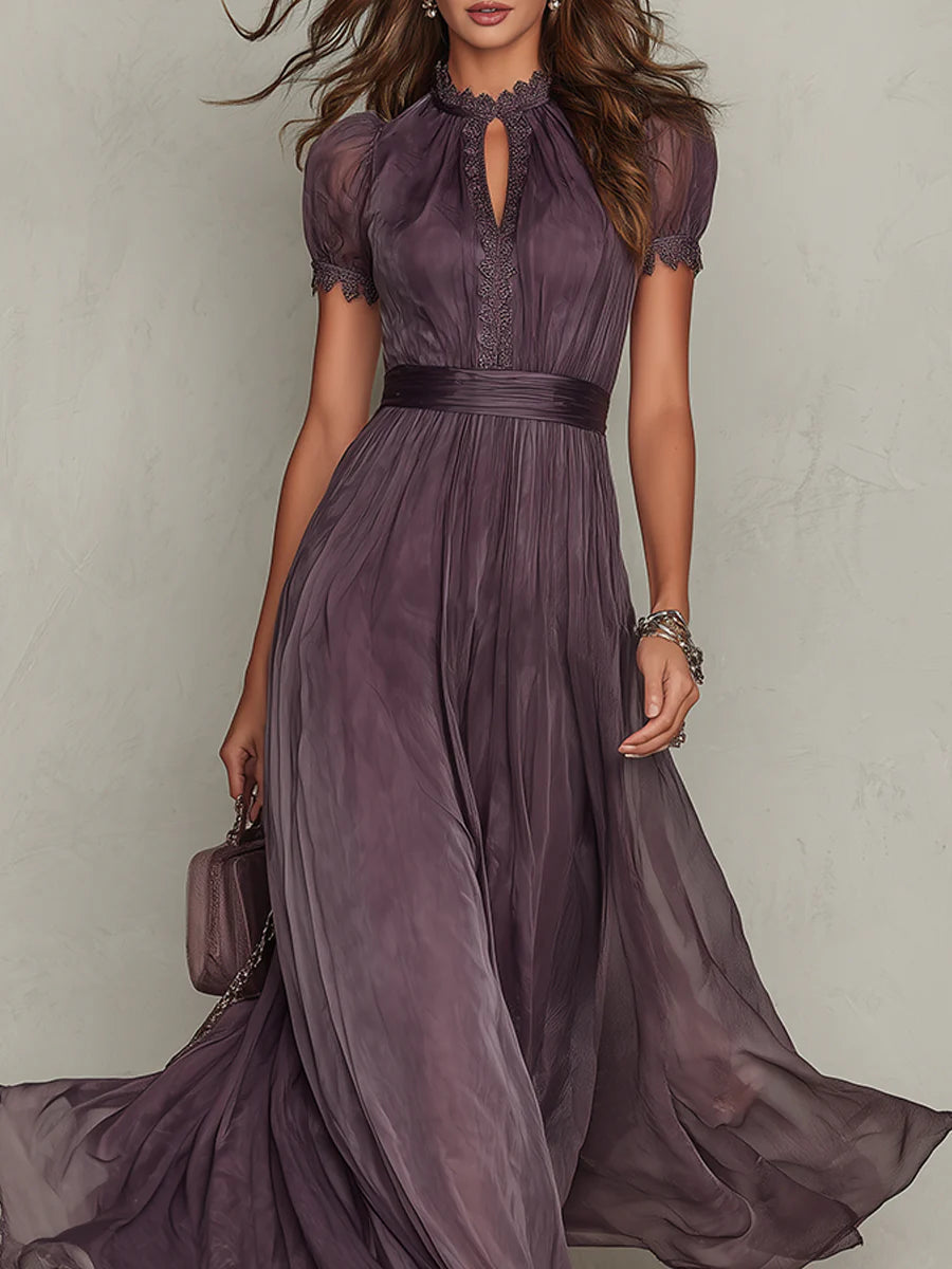 Flavia • Vestido largo morado con escote de cerradura y borde de encaje de chifón