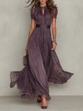 Flavia • Vestido largo morado con escote de cerradura y borde de encaje de chifón