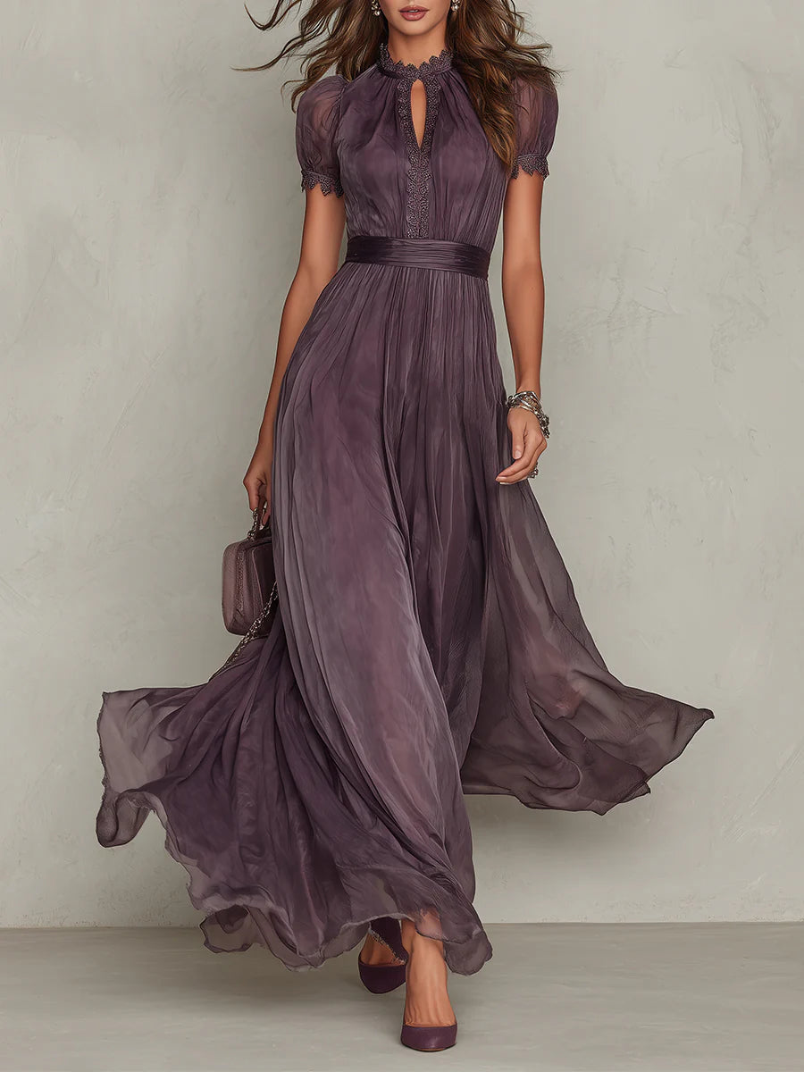 Flavia • Vestido largo morado con escote de cerradura y borde de encaje de chifón