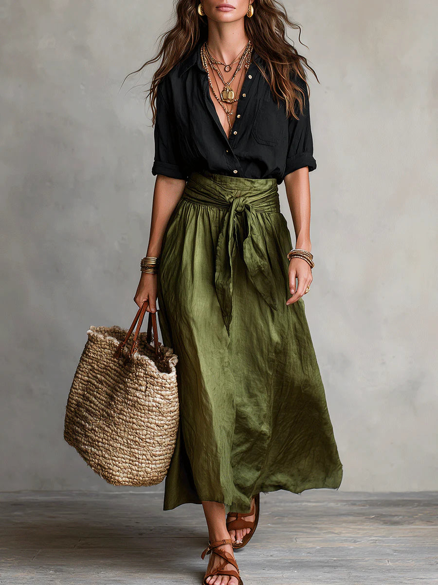 Vera™ | Set di Due Pezzi: Top Nero e Gonna Midi Verde Oliva