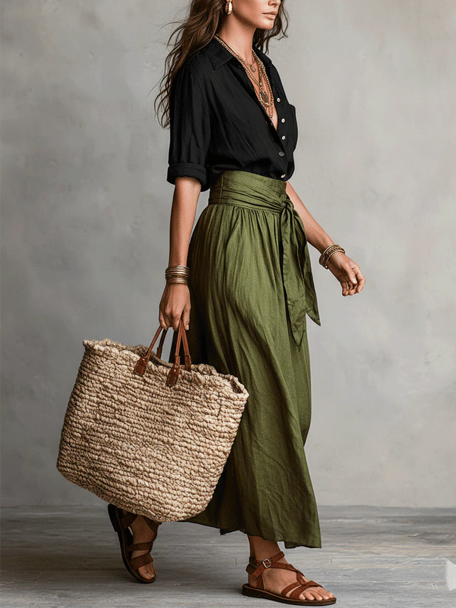 Vera™ | Set di Due Pezzi: Top Nero e Gonna Midi Verde Oliva