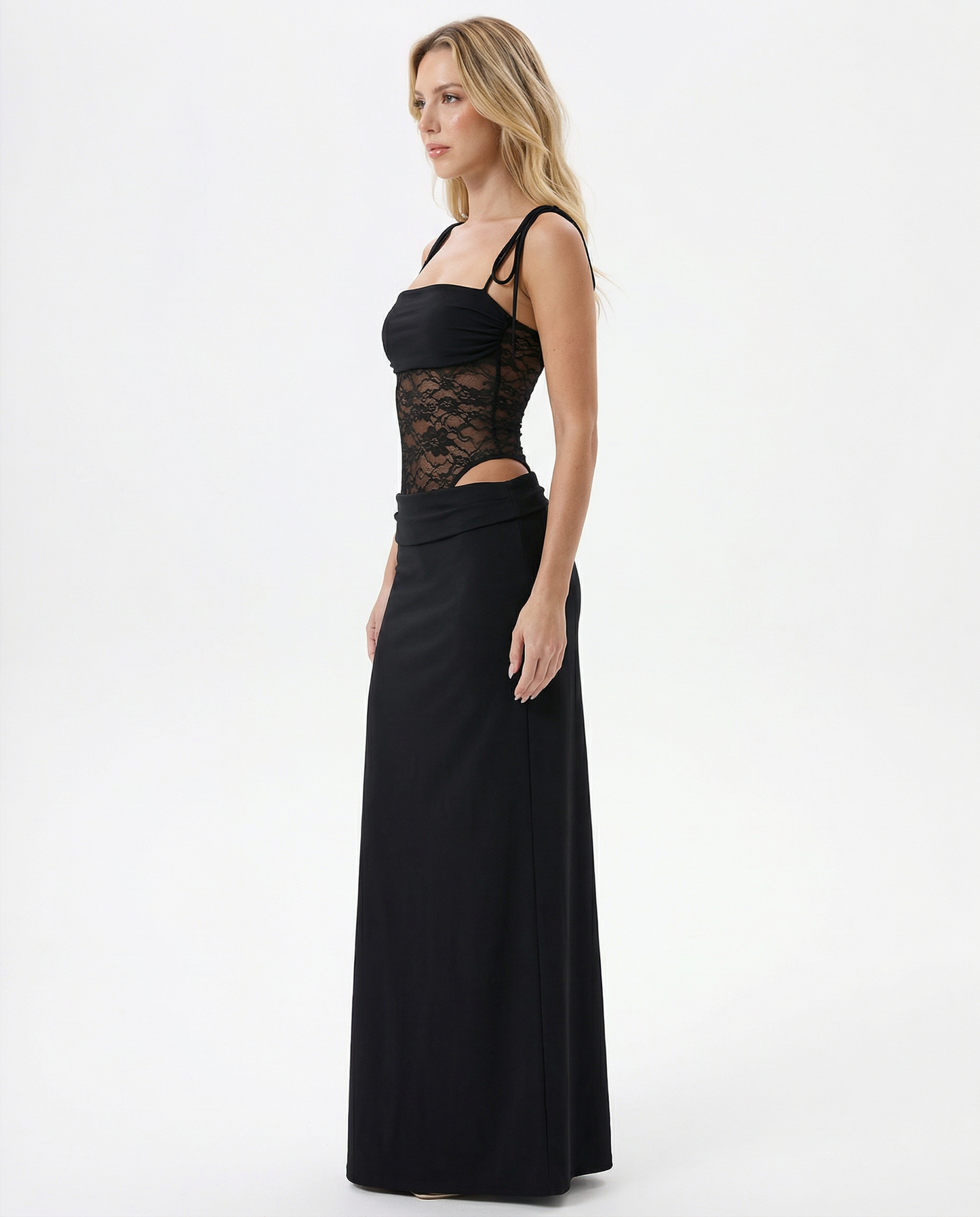 Vestido Maxi con Panel de Encaje y Corset