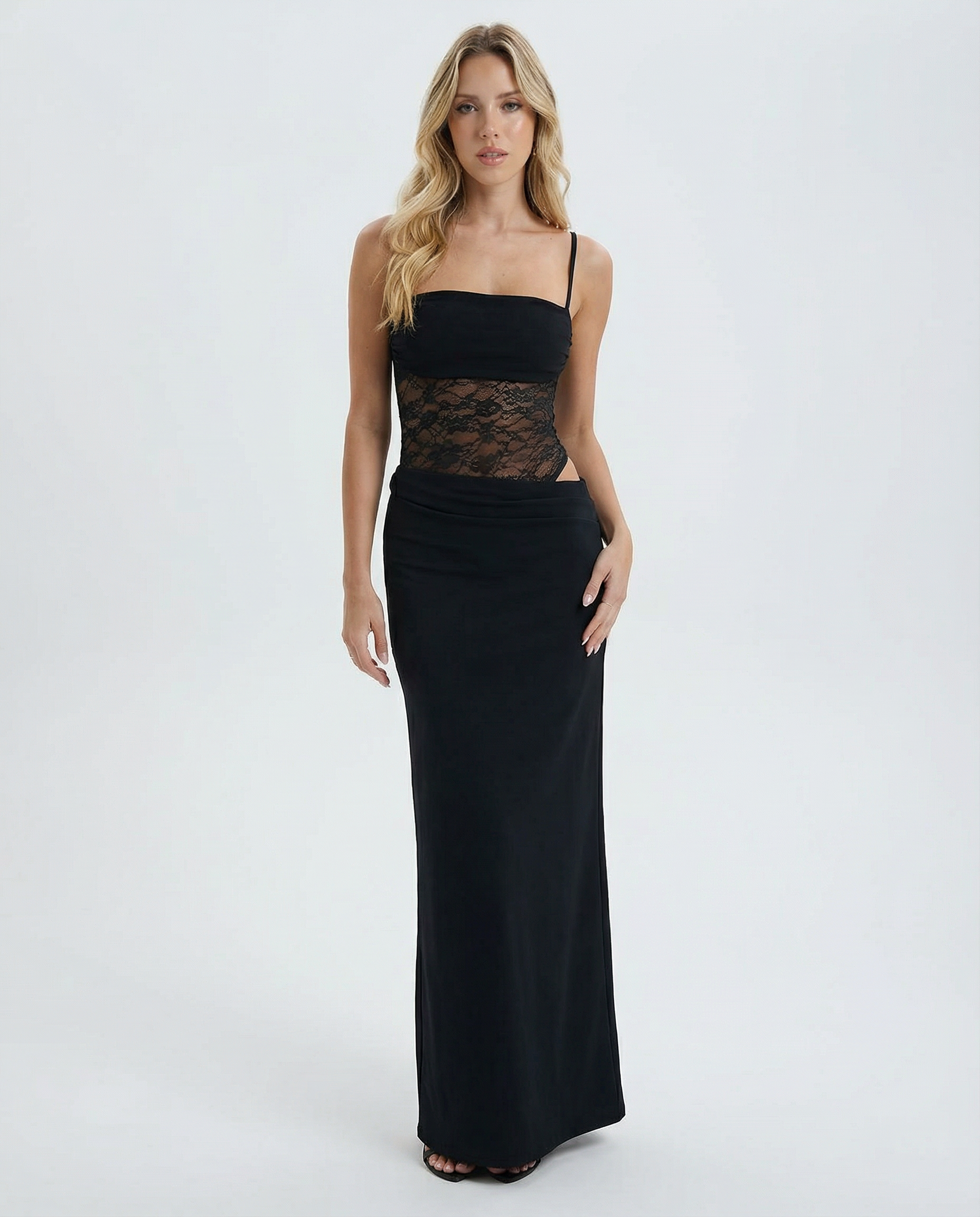 Vestido Maxi con Panel de Encaje y Corset