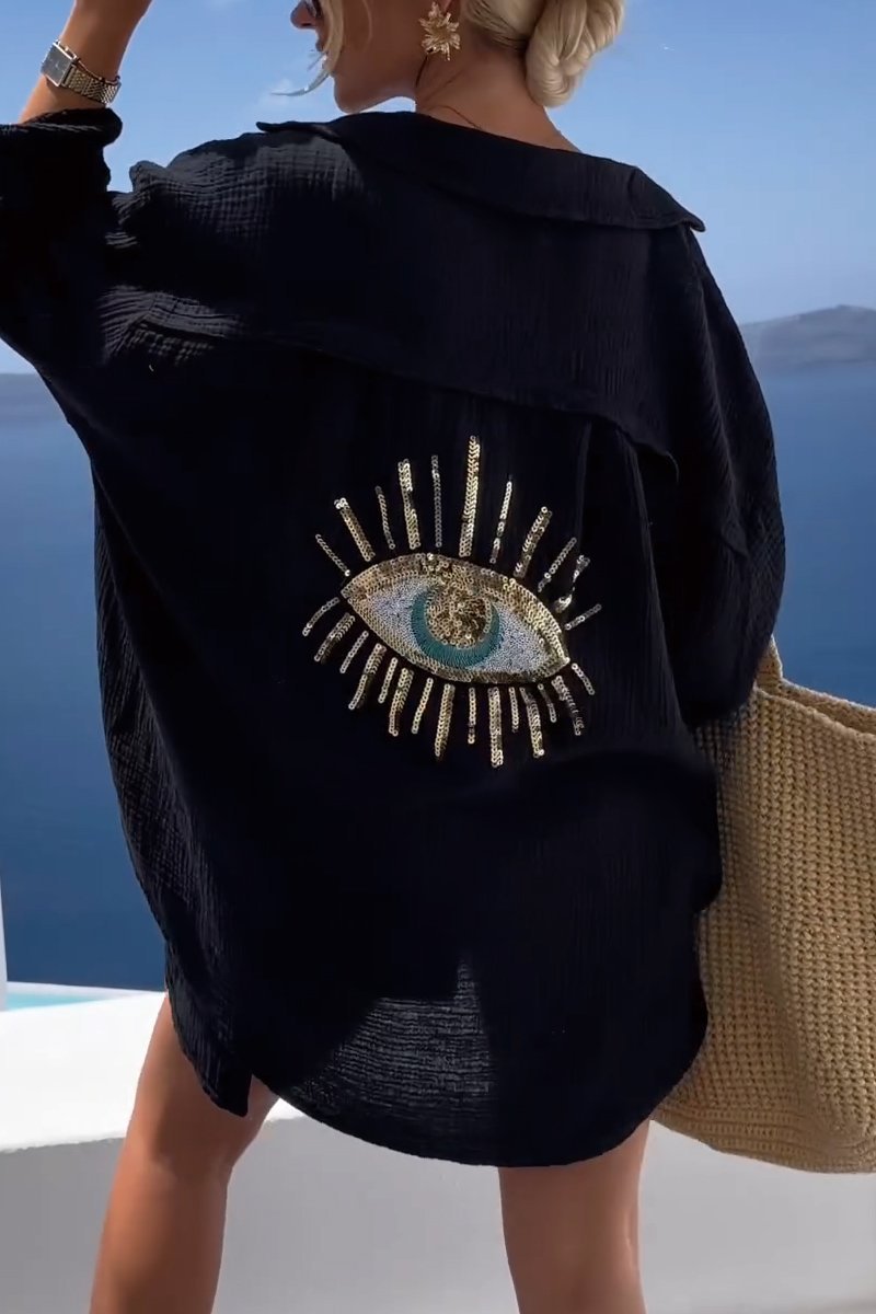 Camisa Sofia Eye | Bordada con Lentejuelas y Símbolo del Mal de Ojo