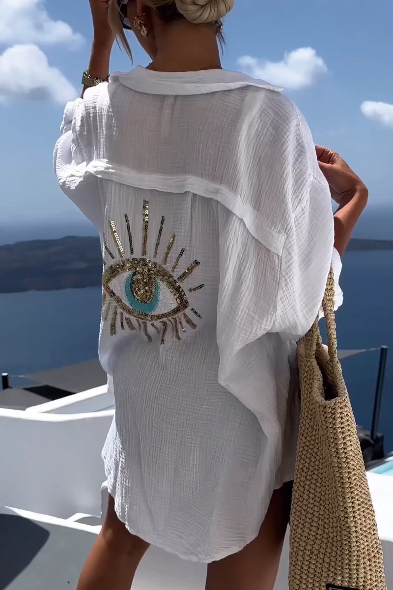 Camisa Sofia Eye | Bordada con Lentejuelas y Símbolo del Mal de Ojo