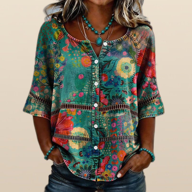 Camisa Vintage Floral con Botones y Manga Tres Cuartos
