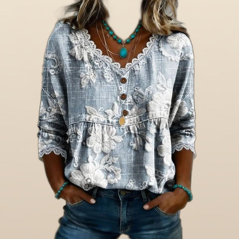Blusa Vintage con Estampado Floral y Botones