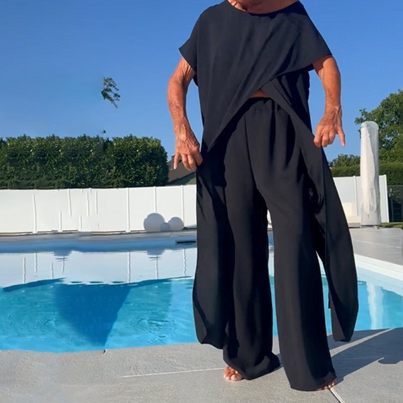 Conjunto top y pantalón liso con hombros descubiertos