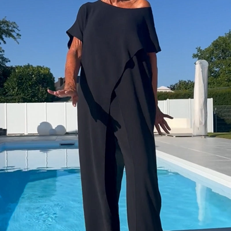 Conjunto top y pantalón liso con hombros descubiertos