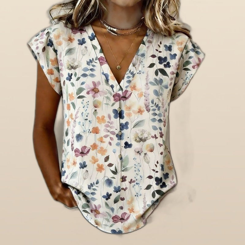 Blusa Vintage Floral con Botones y Manga Corta
