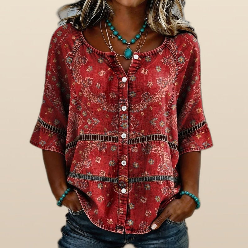 Camisa Vintage con Estampado Étnico y Botones